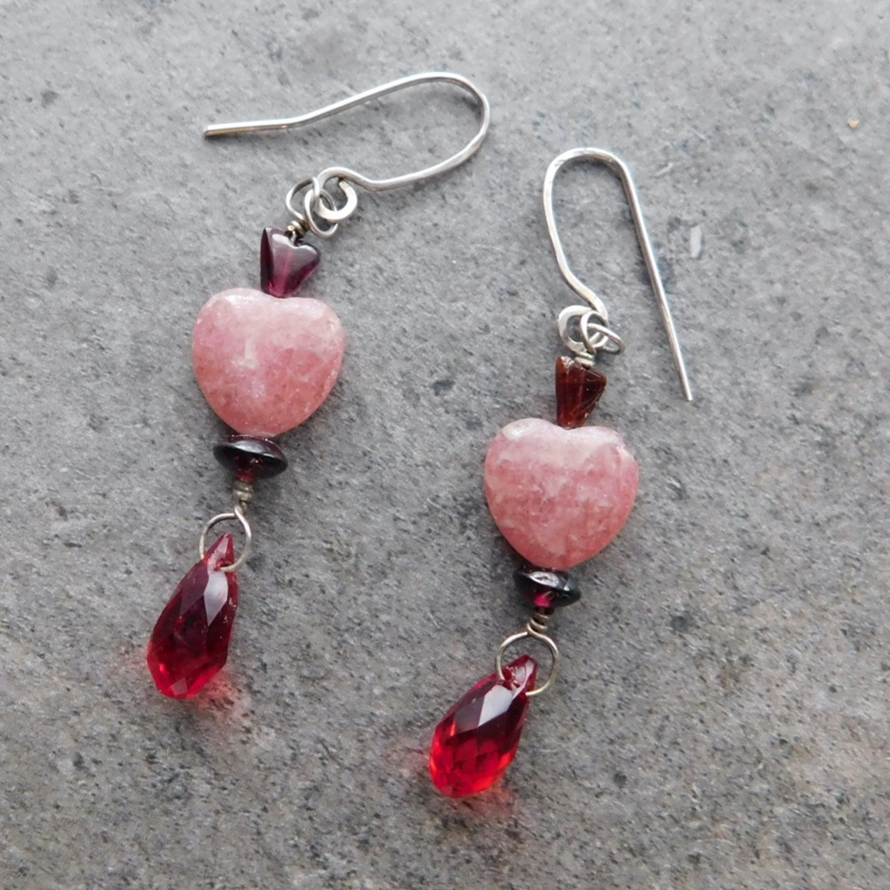 Rhodochrosite Hearts Garnet Gemstone Swarovski® Crystal Earrings by Konnie K